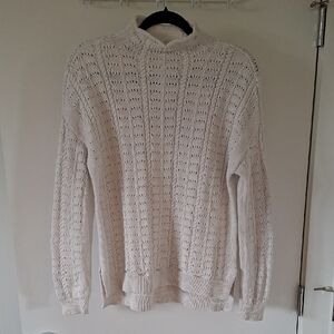 Women's White Cable-knit 100% Cotton Funnel-neckTunic-length Sweater (Size M)